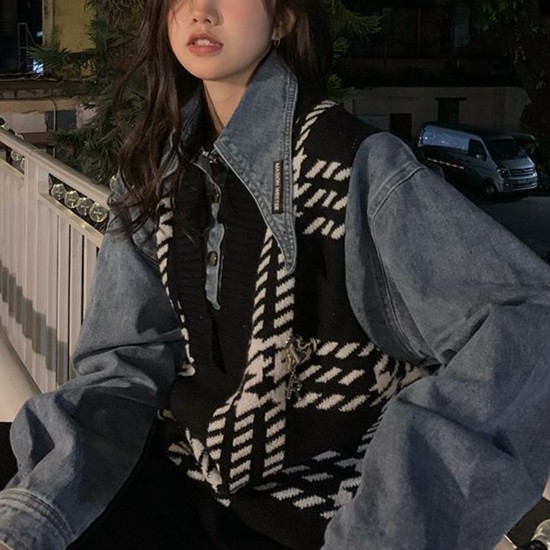 假两件毛衣女设计感小众拼接牛仔外套秋冬美式复古慵懒风针织上衣
