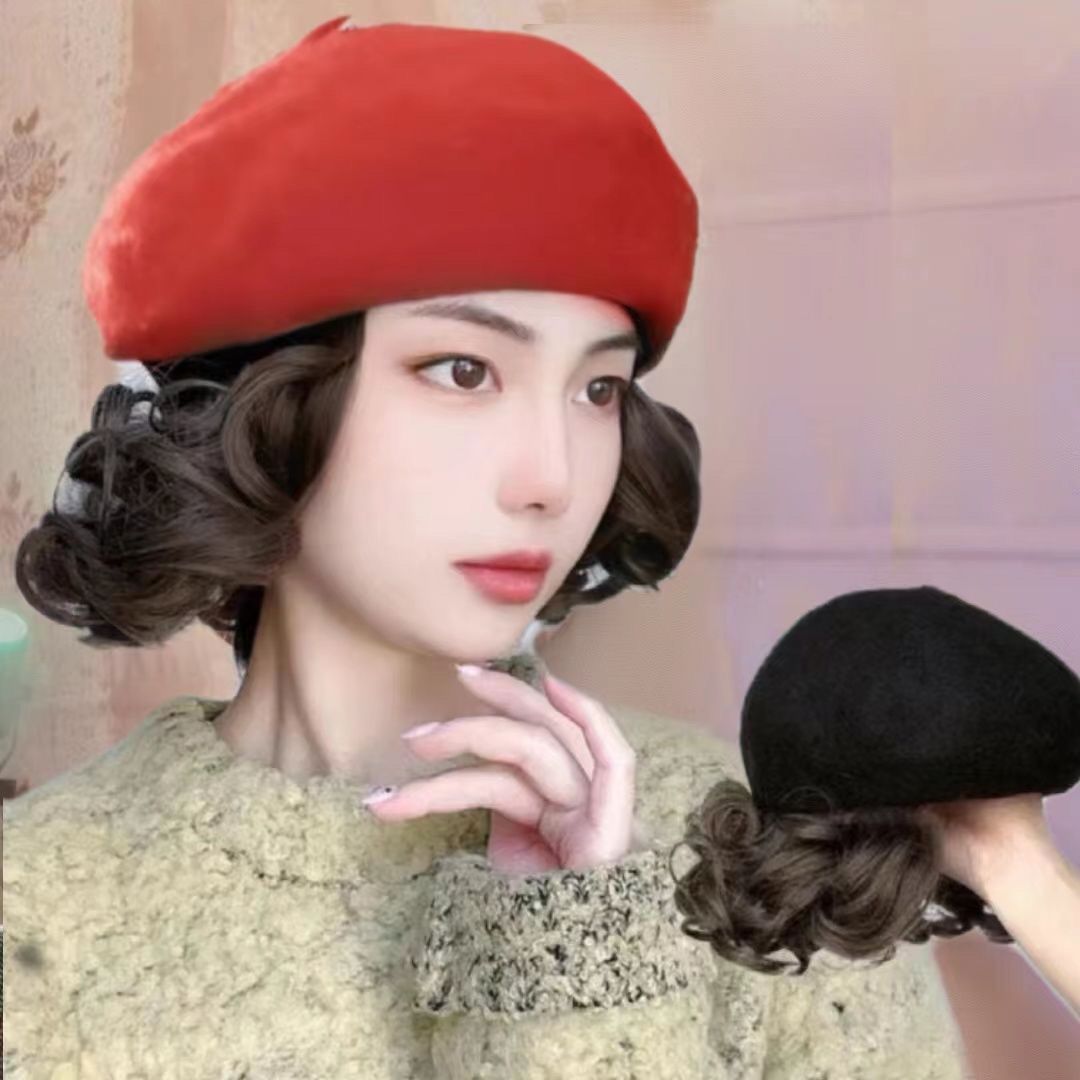 帽子假发一体时尚女秋冬贝雷帽新款仿真短卷发假发自然逼真假发帽
