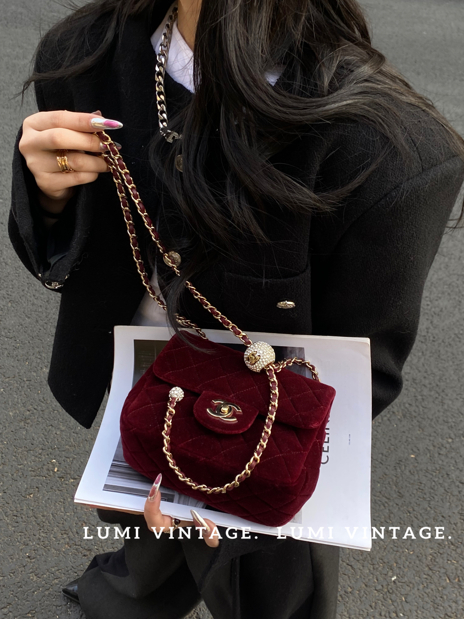 95新 Chanel/香奈儿 钻球红丝绒方胖子斜挎包订金链接57403802