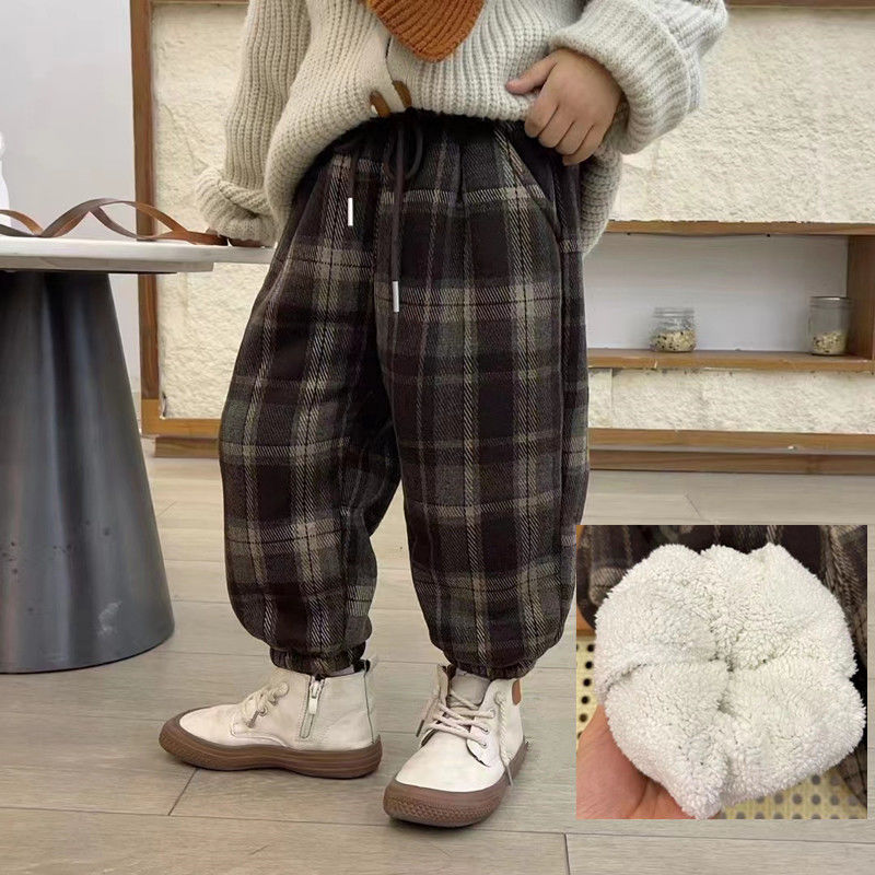 儿童加绒加厚格子裤冬季新款女童洋气冬装棉裤宝宝男童保暖休闲YR