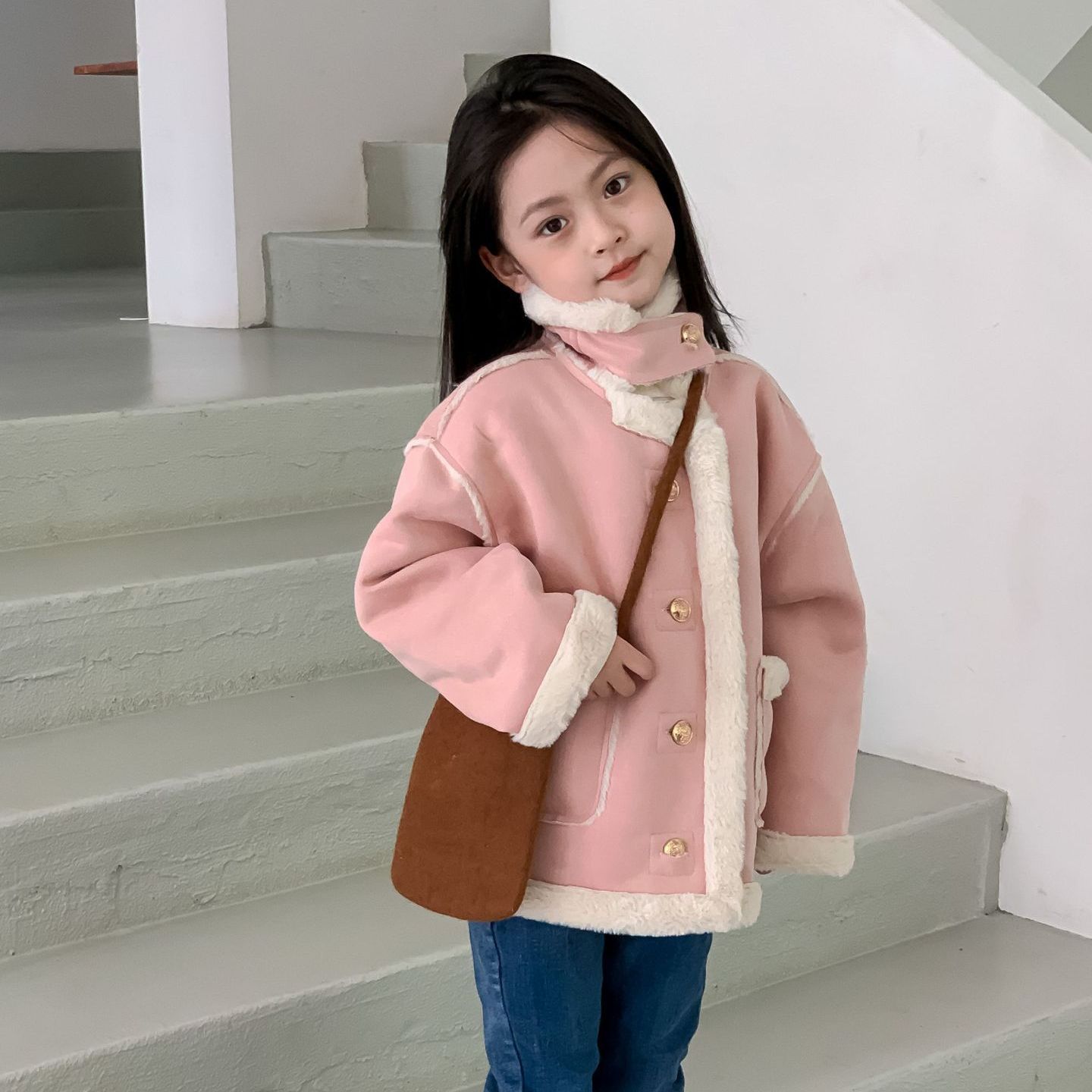 女童外套2023秋冬季新款儿童皮毛一体大衣小女孩洋气立领夹克上27