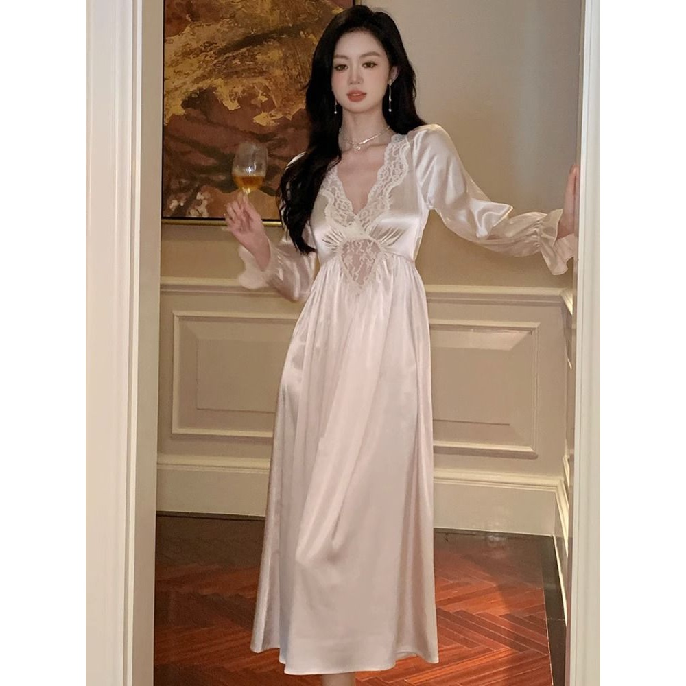 法式宫廷女生长袖性感睡裙女款纯欲风长款夏款蕾丝高级感睡衣女秋