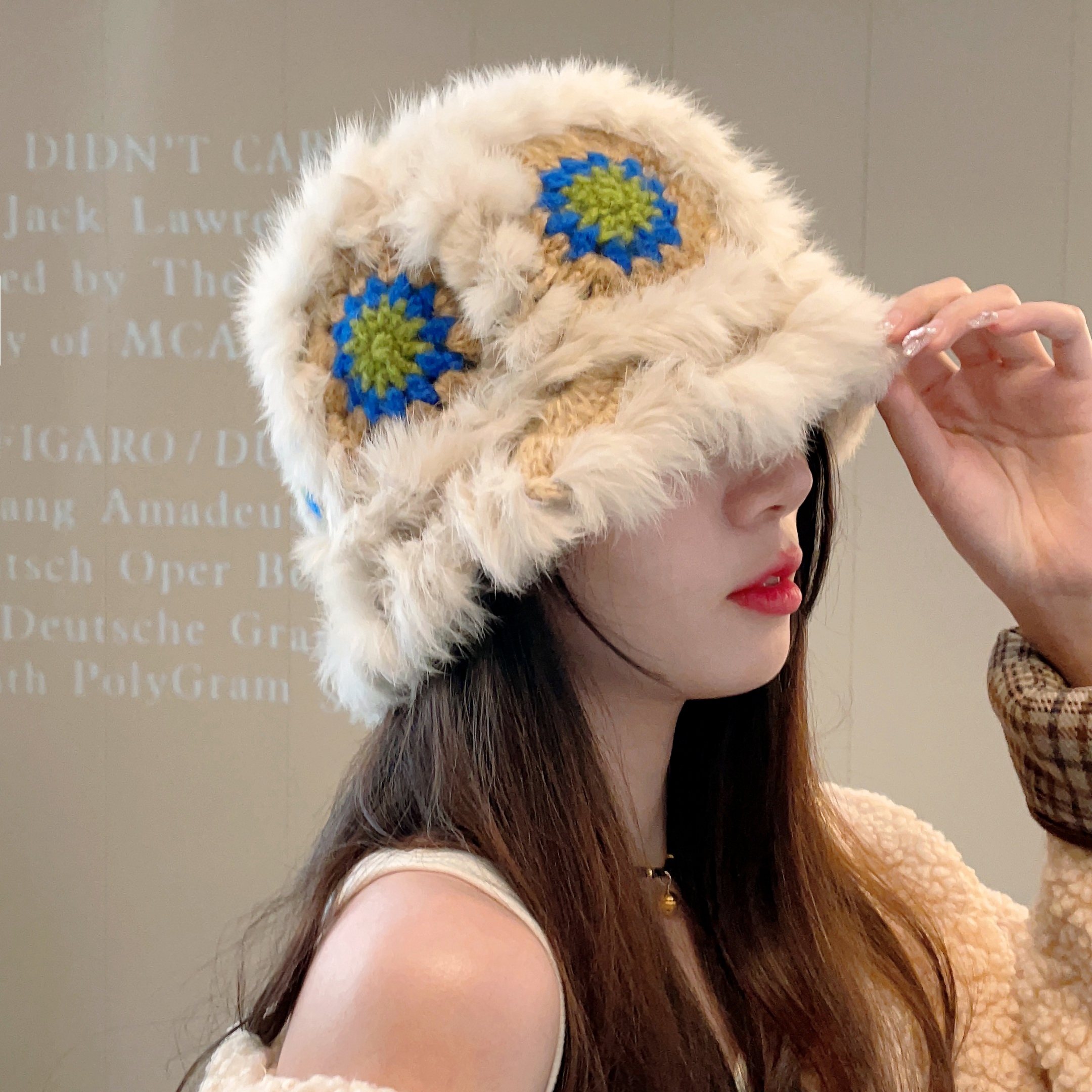 兔毛醒狮帽子女秋冬季可爱保暖毛绒渔夫帽显脸小毛茸茸水桶针织帽