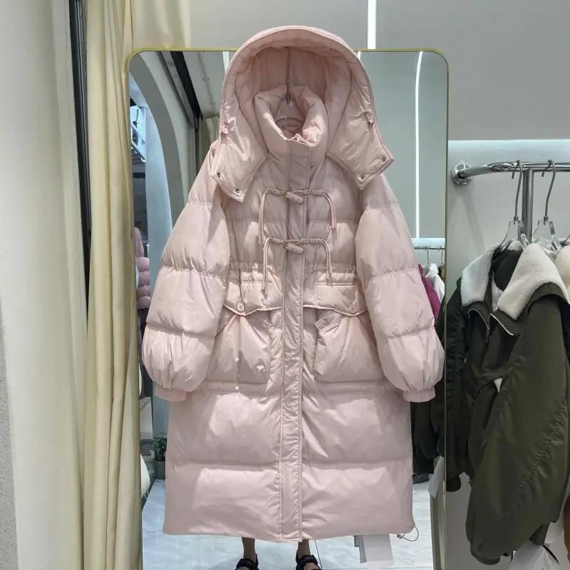 300斤加大码冬季保暖羽绒服女中长款过膝连帽加厚胖白鸭绒外套