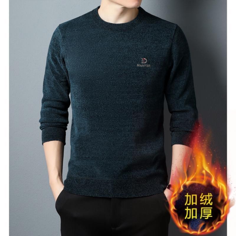 冬季雪尼尔男士毛衣男加绒加厚休闲圆领针织衫中年男保暖套头上衣