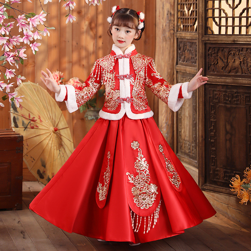 新款儿童童装中国风唐装加绒冬装过年拜年服女童冬季古风汉服套装