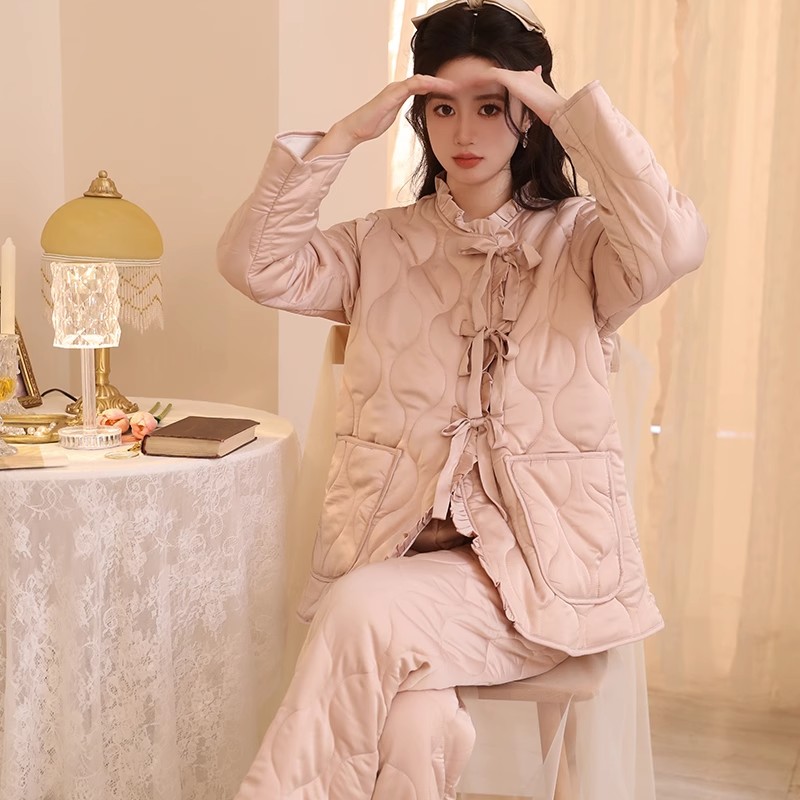 Tide card 睡衣女冬季加绒加厚夹棉保暖套装甜美蝴蝶结绑带家居服