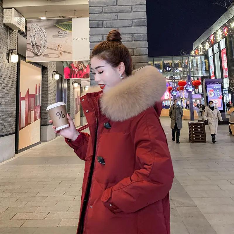 波司登高档狐狸大毛领红色加厚羽绒服女中长款韩版2023新款冬网红