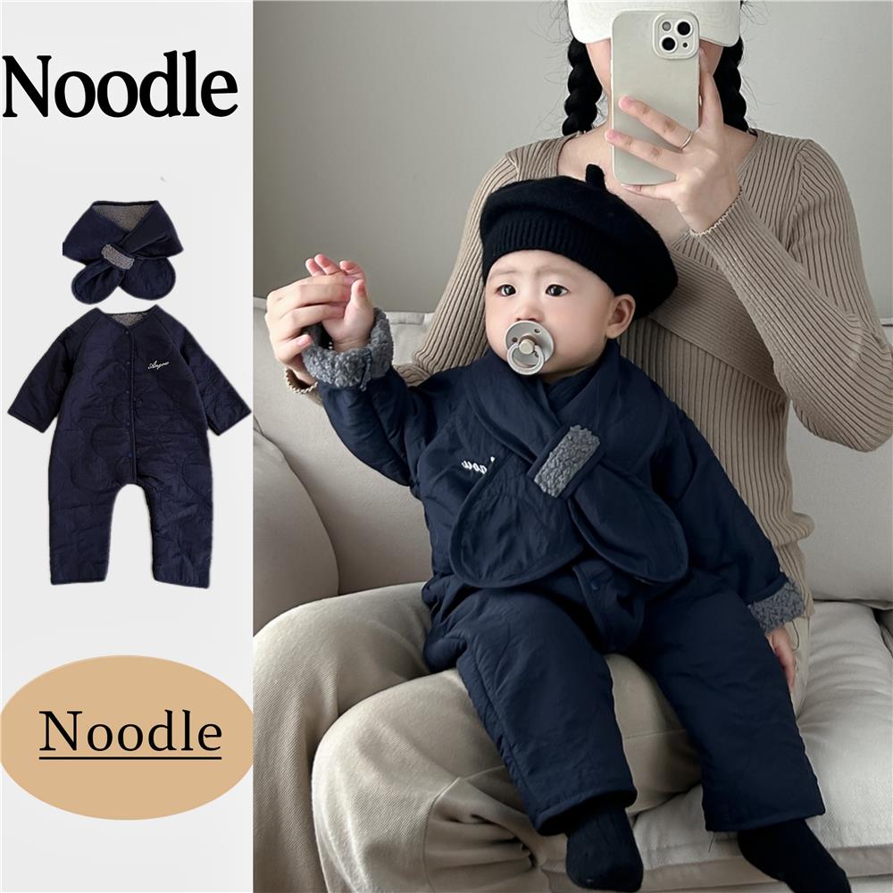 ins婴幼儿冬装外出连体棉服男童宝宝复古加绒长爬服保暖外出哈衣