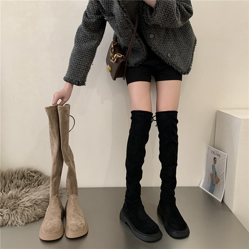 红蜻蜓牌过膝长靴女长筒靴秋冬卡其色堆堆靴大筒围弹力瘦瘦绒面高
