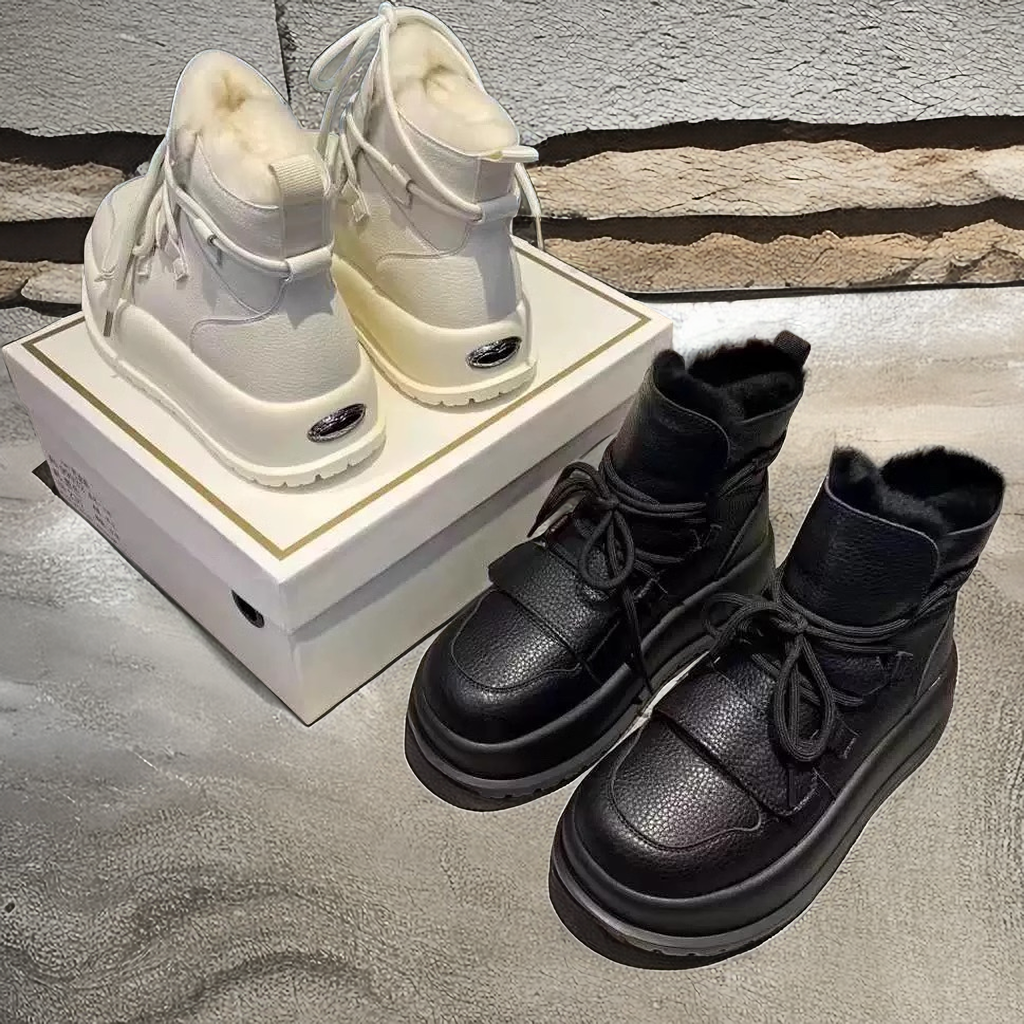 红蜻蜓牌防水防滑真皮系带加绒雪地靴冬季新丑萌厚底加厚保暖休闲