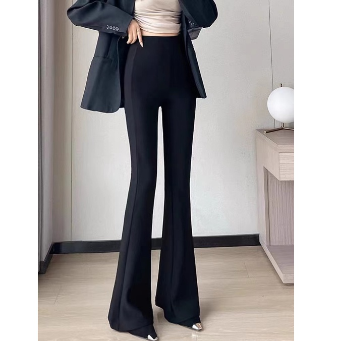 秋冬新款微喇裤中高腰修身显瘦垂感弹力黑色外穿时尚喇叭裤659#