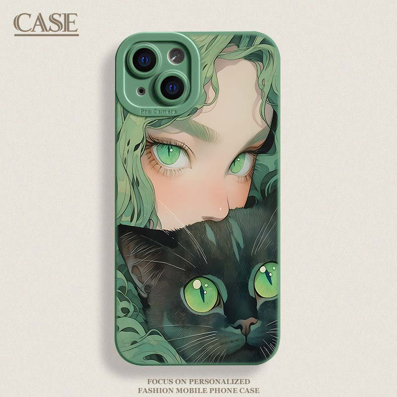 抱猫蓝发女孩苹果15华为vivo/oppo/小米iPhone14promax个性手机壳