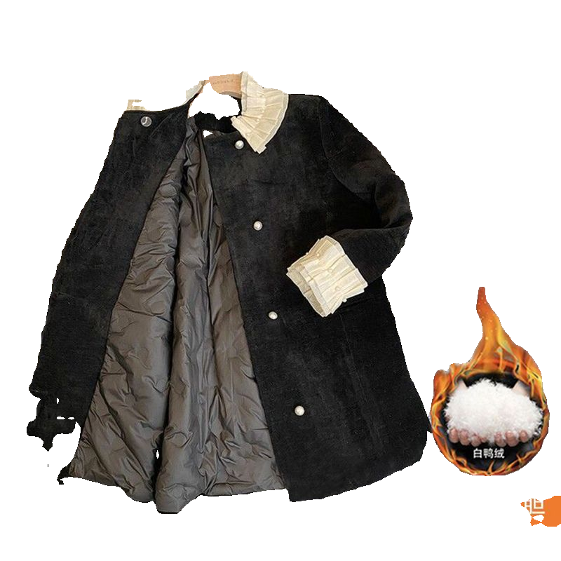 黑色小香风羽绒服女冬季2023新款赫本钉珠木耳边加厚内胆中长外套