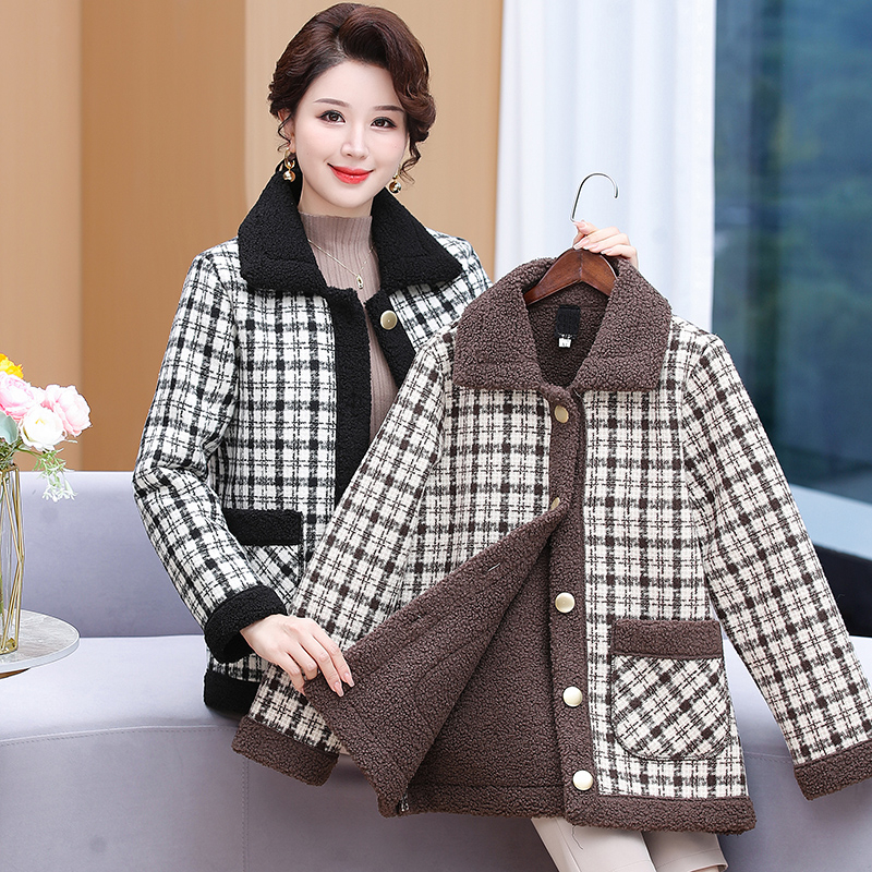妈妈装加绒加厚小香风颗粒绒毛呢外套女短款洋气格子中老年奶奶装