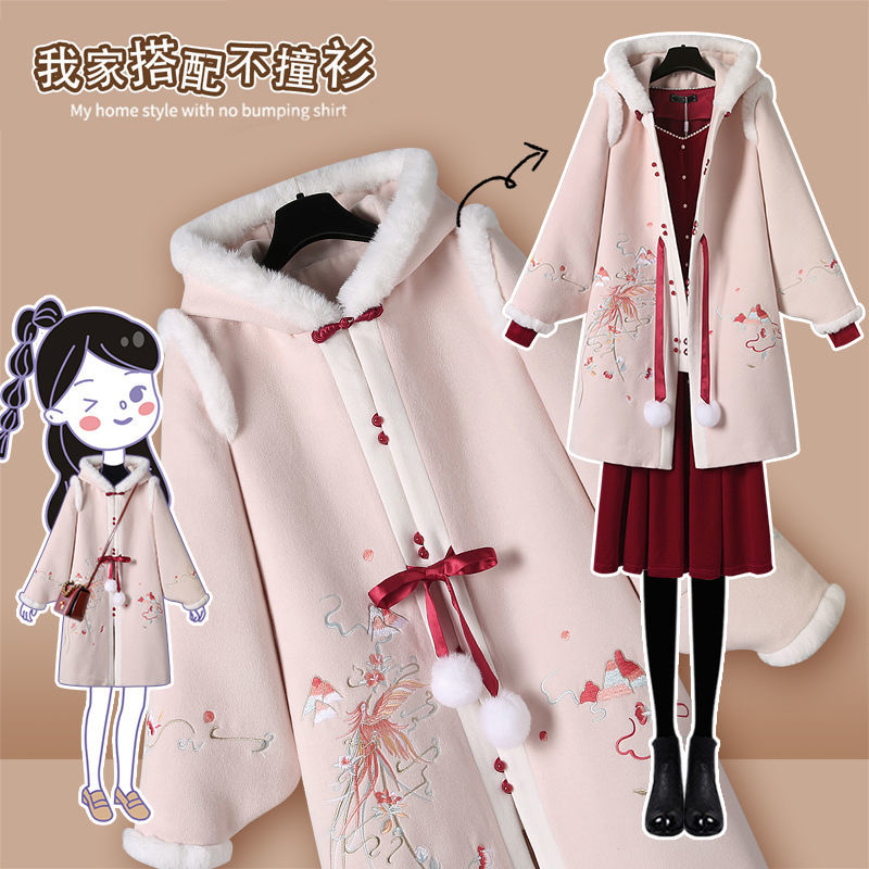 宋制汉服改良加厚毛呢大衣女2023秋冬新款红色连衣裙两件套拜年服