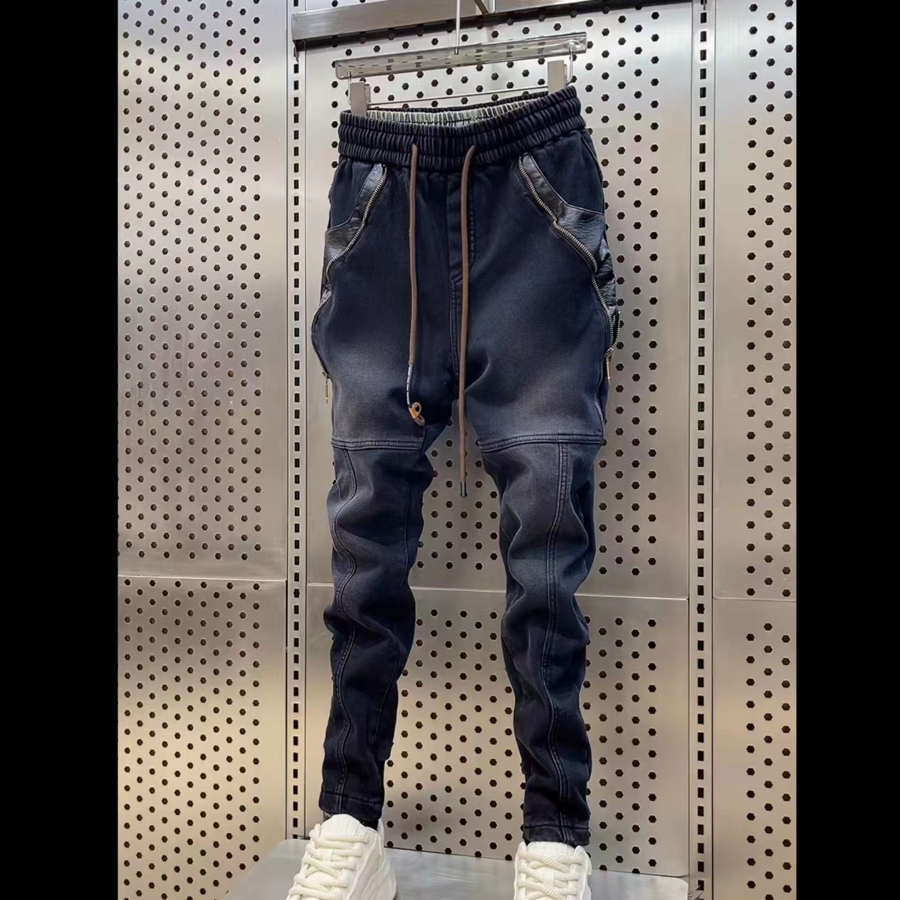 冬款牛仔裤男士韩版冬季时尚拼接加皮拉链百搭加厚加绒男牛仔裤子
