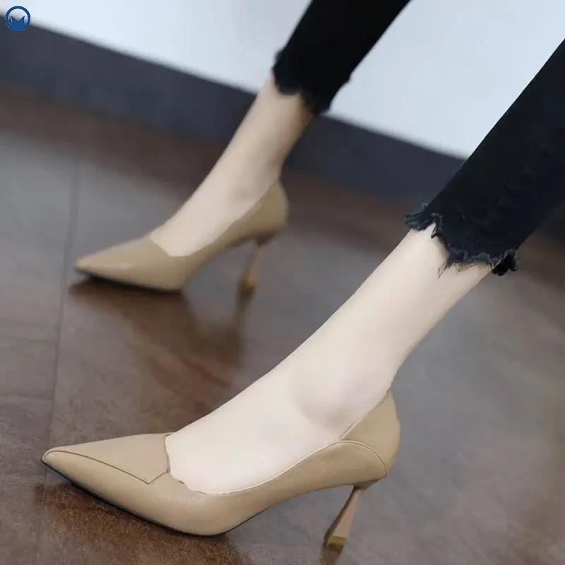 软皮女不磨脚2023春新款尖头细跟职业舒适百搭两穿单鞋