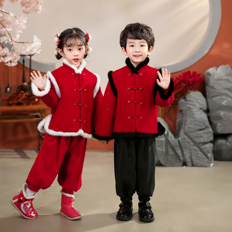 新品巴拉巴拉儿童拜年服唐装冬季汉服加厚男女宝宝红色喜庆服套装