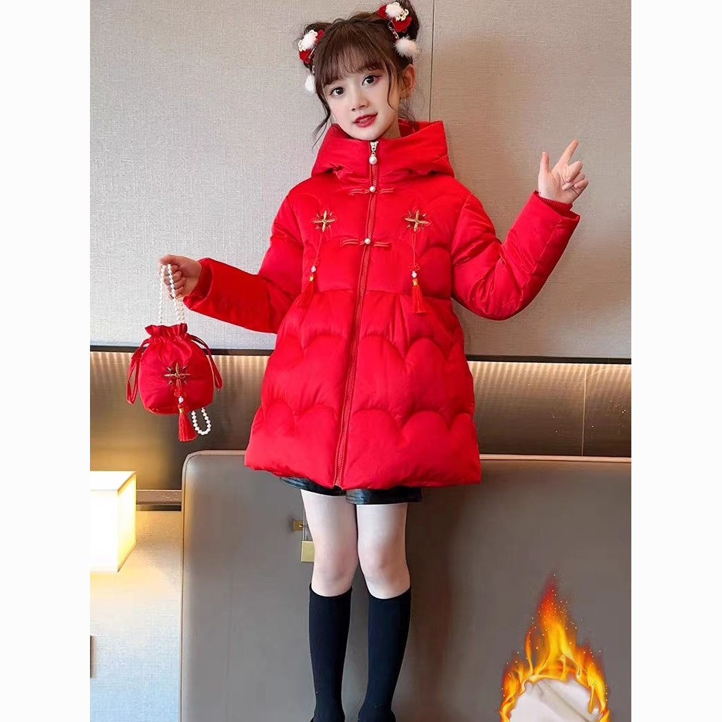 新品巴拉巴拉女童红色棉服2023新款儿童冬装洋气年服棉衣外套民族
