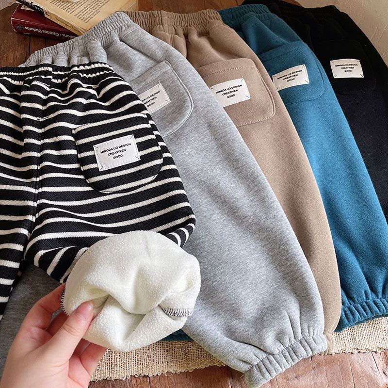 新品巴拉巴拉儿童加绒运动裤秋冬加厚潮条纹裤一体绒宽松裤子小童