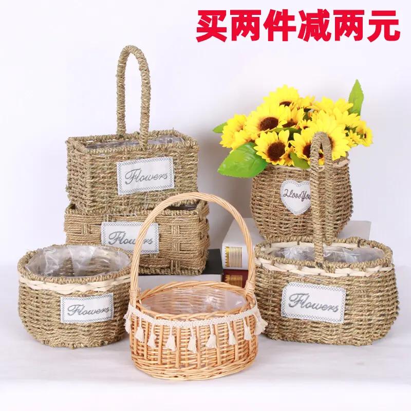 新品草编藤编花盆创意手工编织花篮田园插花绿植多肉柳编提篮壁挂