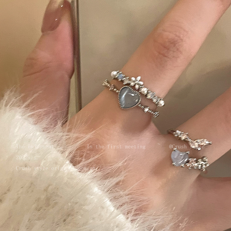 合金戒指 海蓝爱心月光锆石戒指女轻奢小众设计高级感食指戒开口