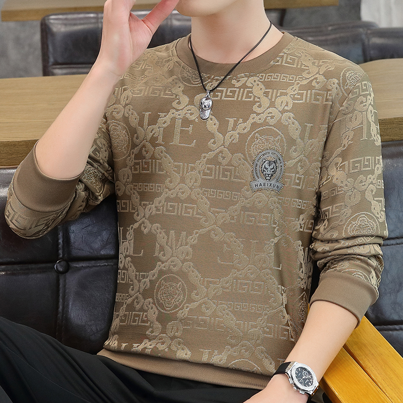 遥发推荐 欧货提花男士卫衣潮流百搭休闲长袖T恤圆领套头打底衫秋