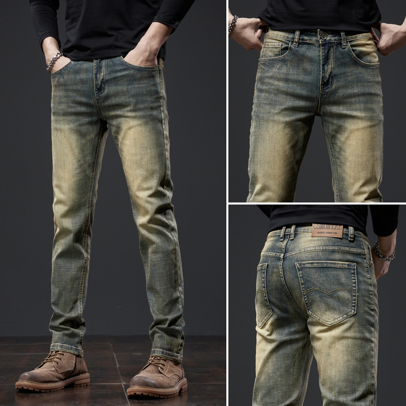 复古黄裤男2023秋冬新款宽松直筒裤男装弹力长裤子潮