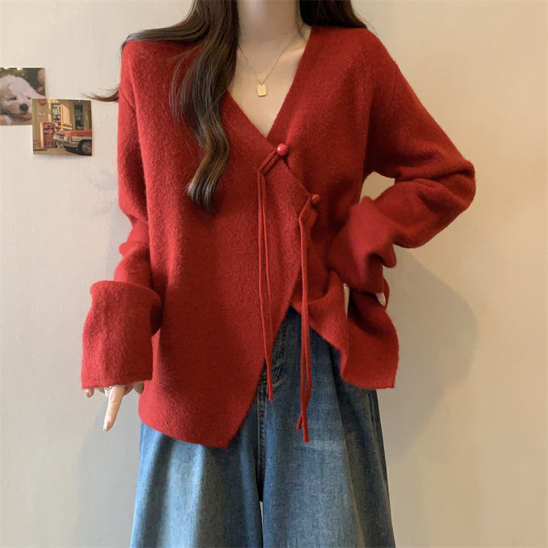 TY大码女装设计感领宽松长袖加厚开衫女慵懒风百搭不规则毛衣外套