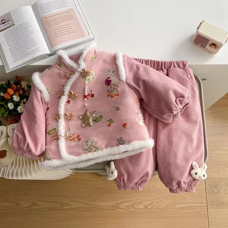 秋冬洋气女童套装儿童加绒加厚冬季汉服中国风过年小童女宝冬装