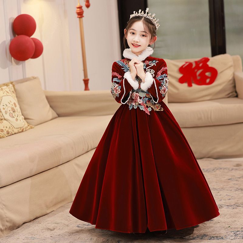 女童新年礼服红色公主裙冬季加厚儿童高端小主持人花童钢琴演出服