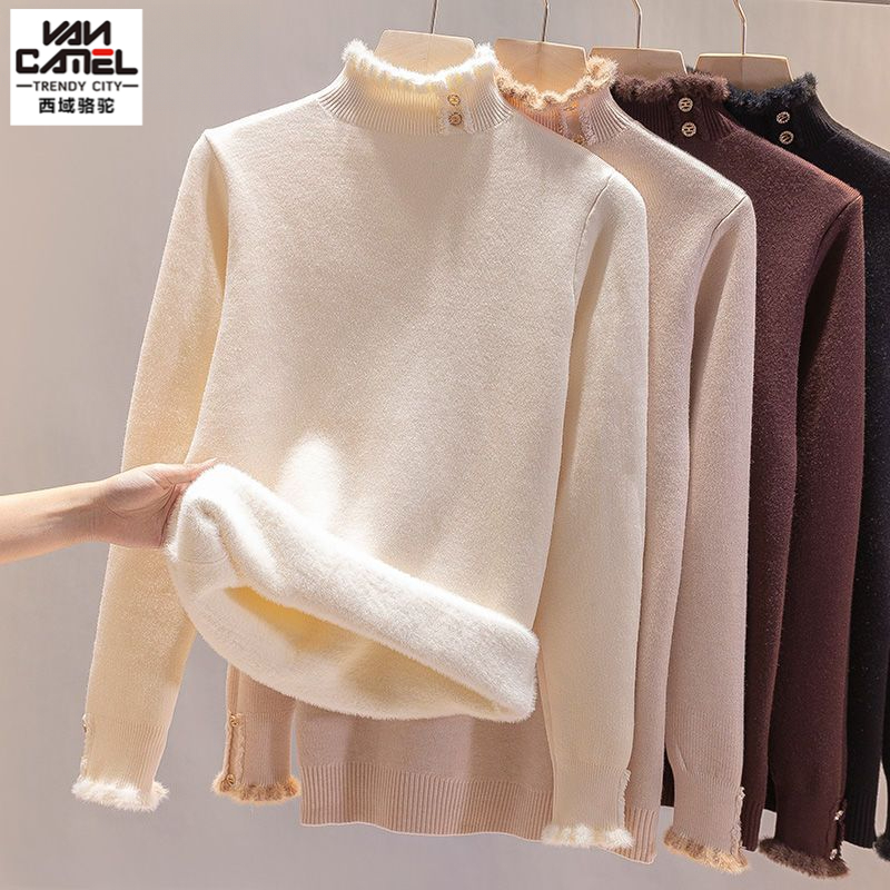 西域骆驼加厚一体绒毛衣女2023冬季新款半高领时尚打底衫女保暖内