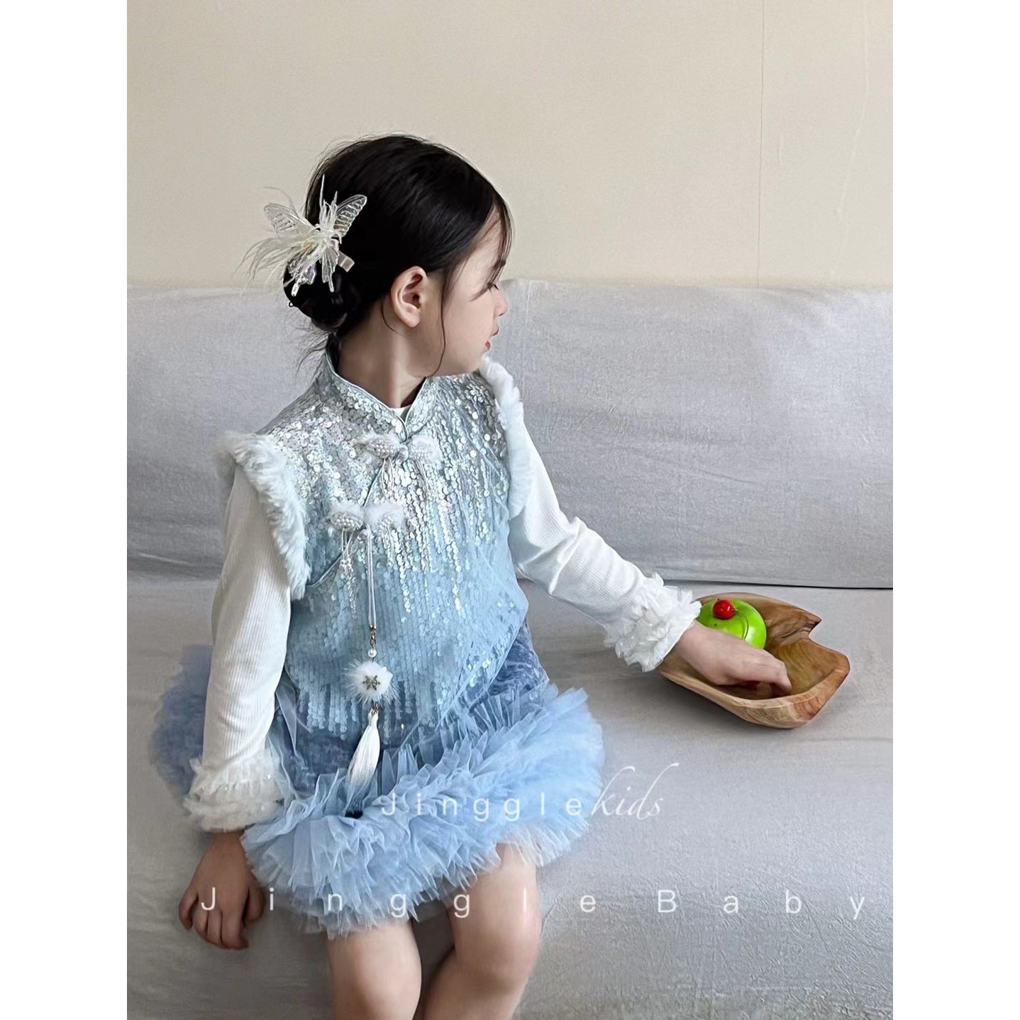 女童古风汉服秋冬新中式爱莎公主裙改良旗袍套装加绒中国风连衣裙