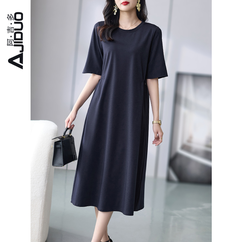 阿吉多-A86731藏蓝色高级感连衣裙女夏时尚大码显瘦宽松a字长裙