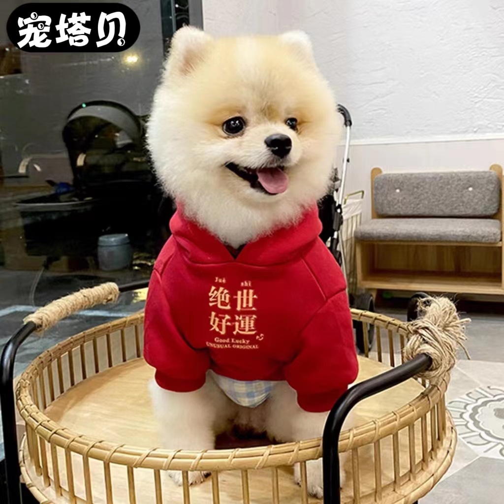 红色喜庆宠物衣服秋冬加绒加厚款小型犬猫咪同款狗狗卫衣猫咪衣服