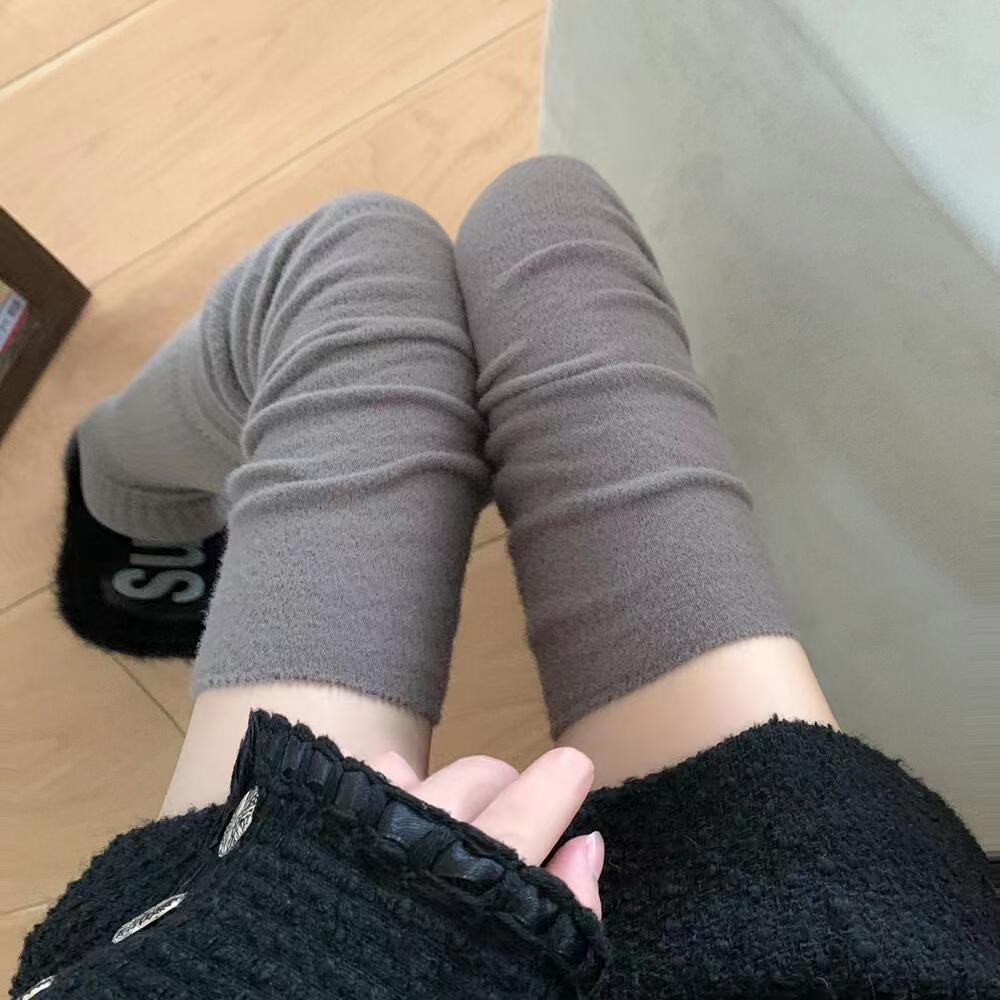 秋冬奶白色保暖长筒袜女日系JK学院风拼接高筒袜堆堆袜白色过膝袜