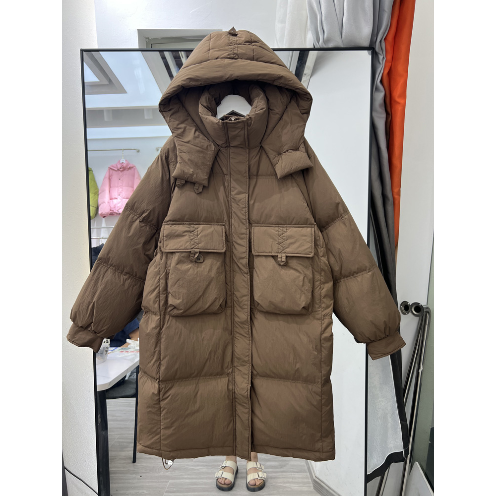 快乐年韩版反季新款羽绒服女中长款连帽白鸭绒过膝加厚宽松