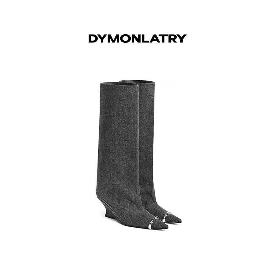 DYMONLATRY 2023AW新款牛仔尖头裤管长筒靴金属装饰女士高靴_鞋靴箱包