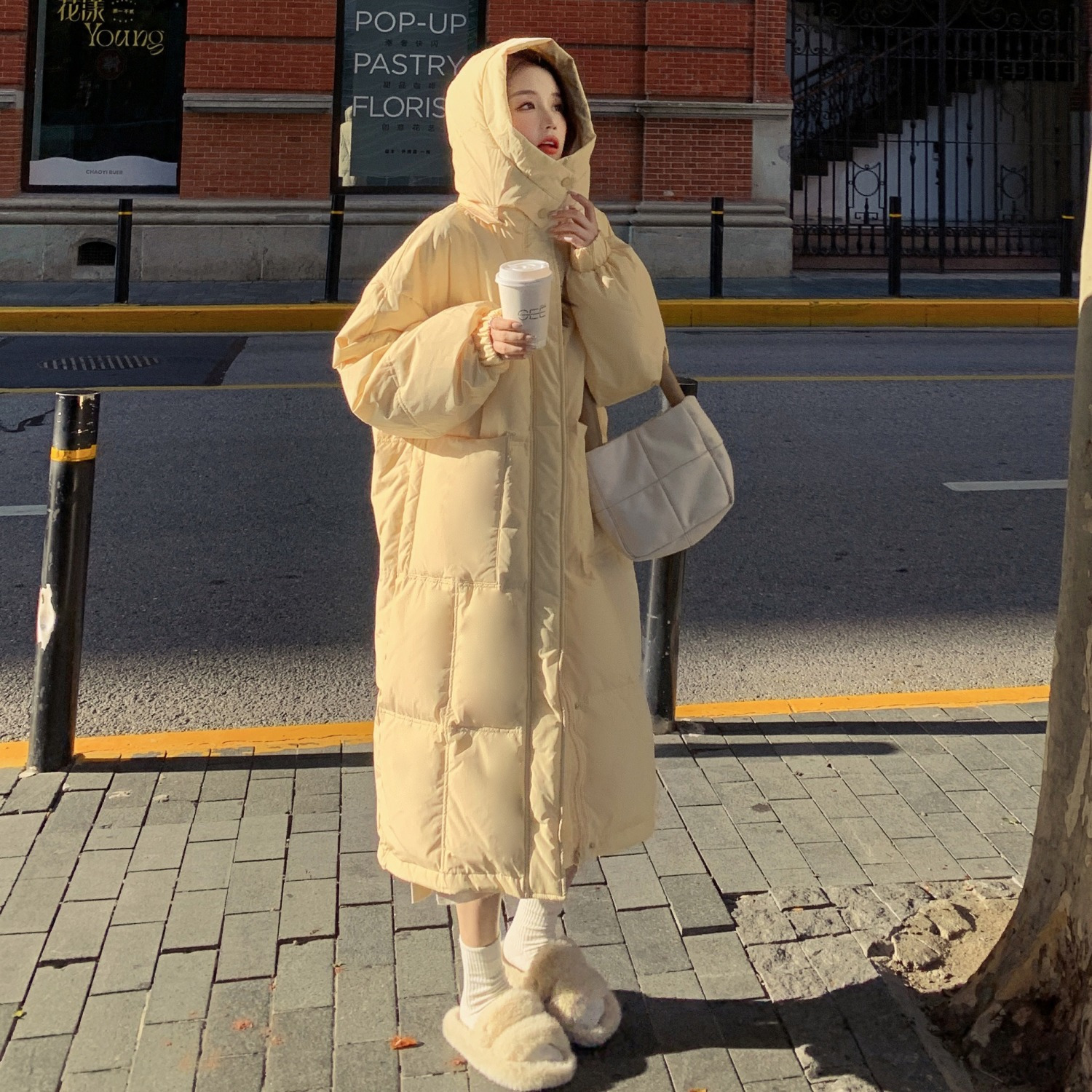 领格奶fufu黄色羽服女中长款2023年冬季新款衣加厚过膝袄外套棉服