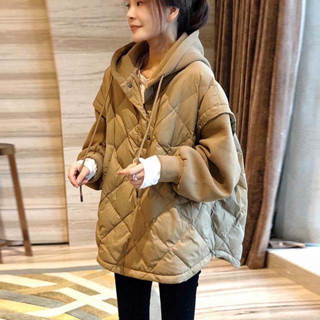 雪中飞卫衣拼接连帽棉衣外套女冬季宽松百搭保