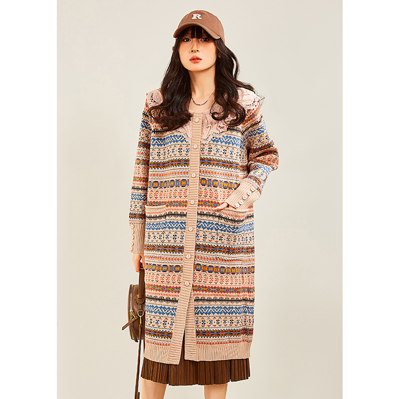 木果果木2023冬季新款古着vintage毛衣中长款娃娃领毛织外套女