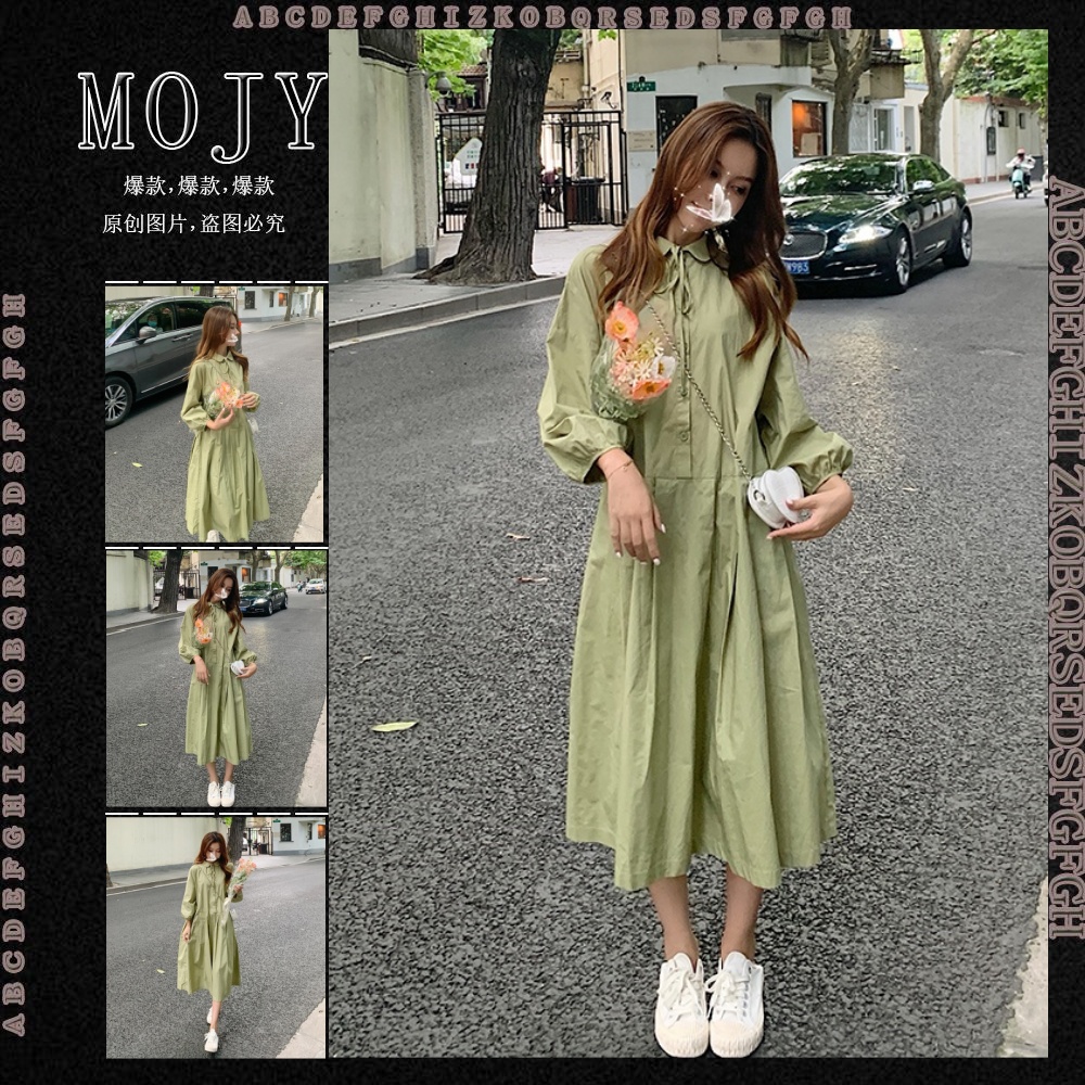 MOJY~2023大码女装牛油果绿娃娃领蝴蝶结连衣裙胖mm显瘦长袖裙子