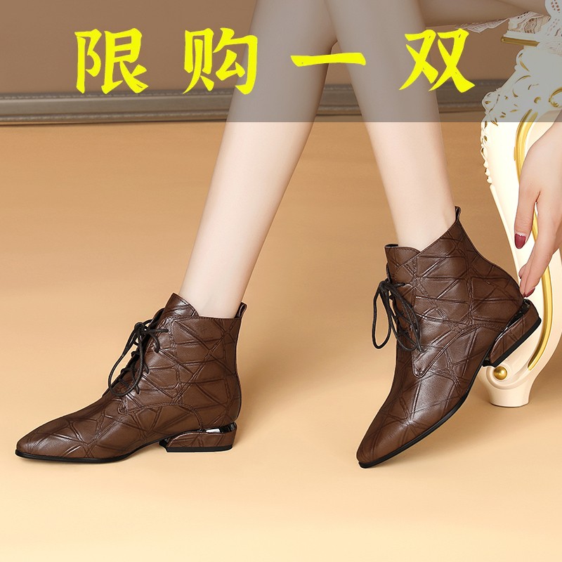 百丽纯爱真皮尖头小短靴女平底单靴加绒踝靴软羊皮靴软底裸靴中