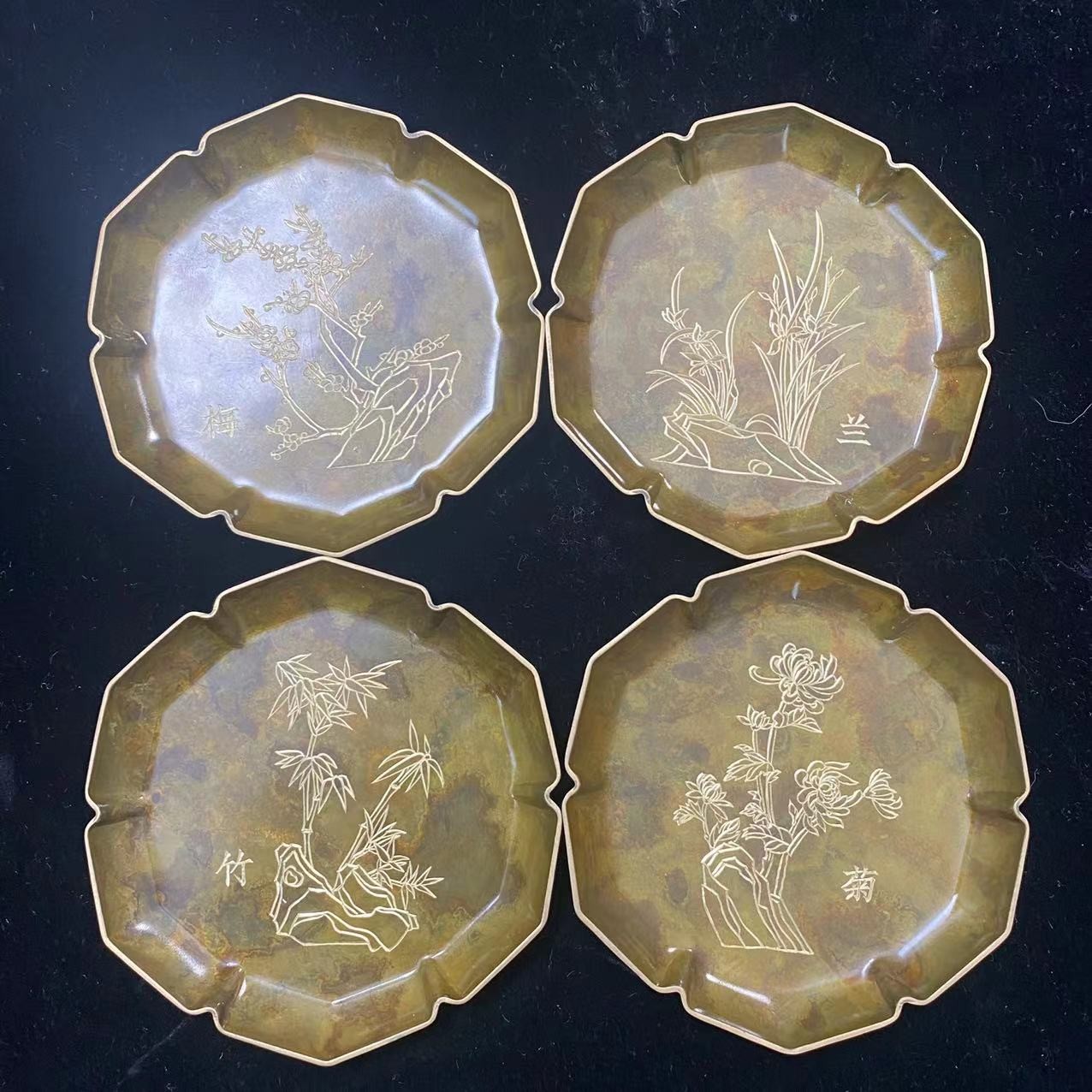 朱炳仁朱炳仁铜 【梅兰竹菊六边蝶斑铜】手工茶碟套装
