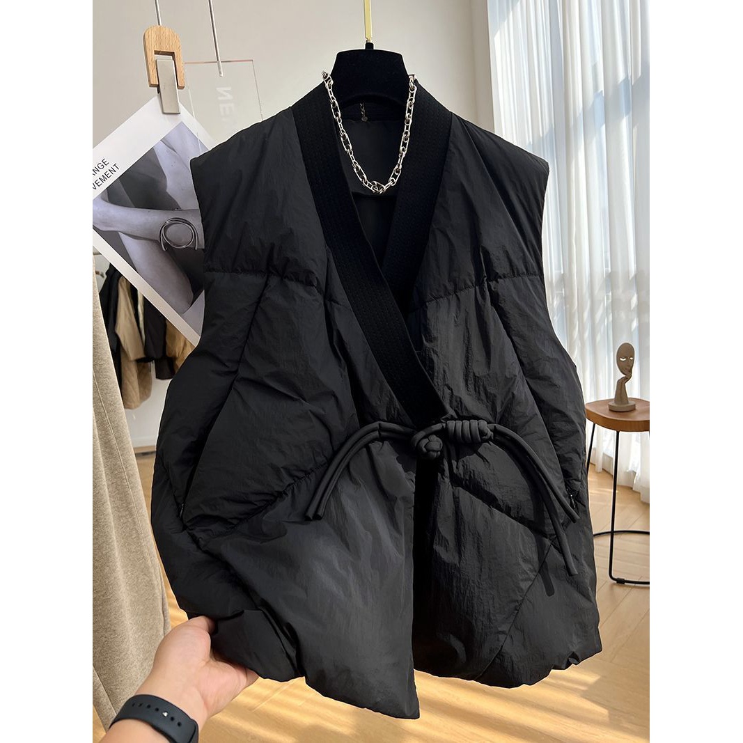 设计感小众复古中式盘扣V领无袖棉衣马夹冬加厚坎肩背心棉服马甲