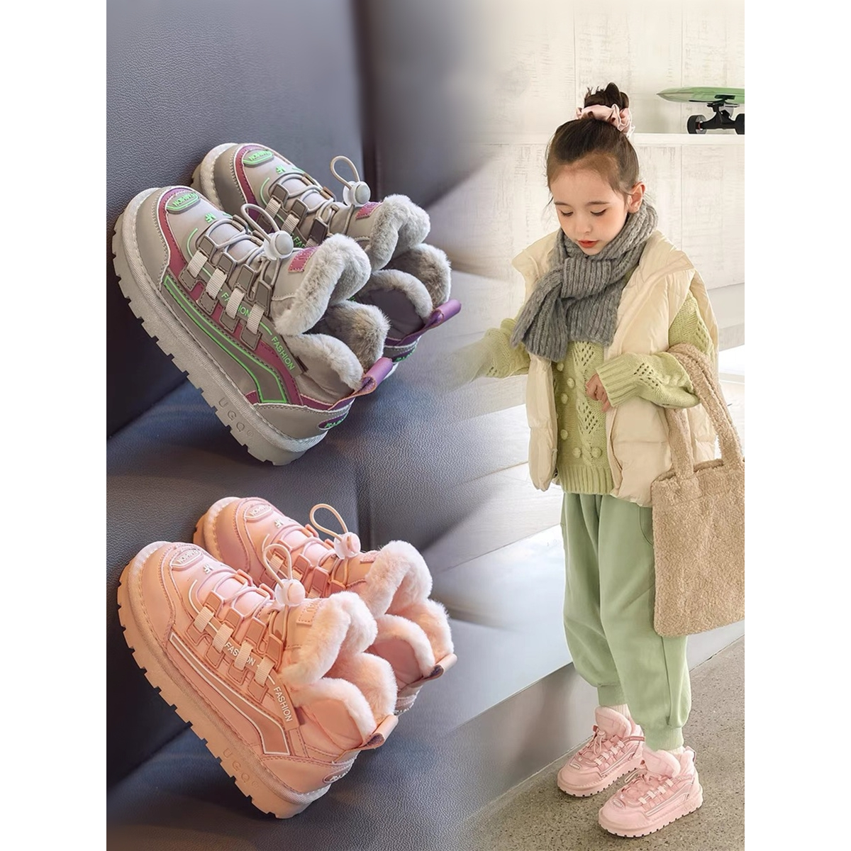 巴拉巴拉恩女童雪地靴2023新款冬季加绒儿童棉鞋女孩皮毛一体保暖