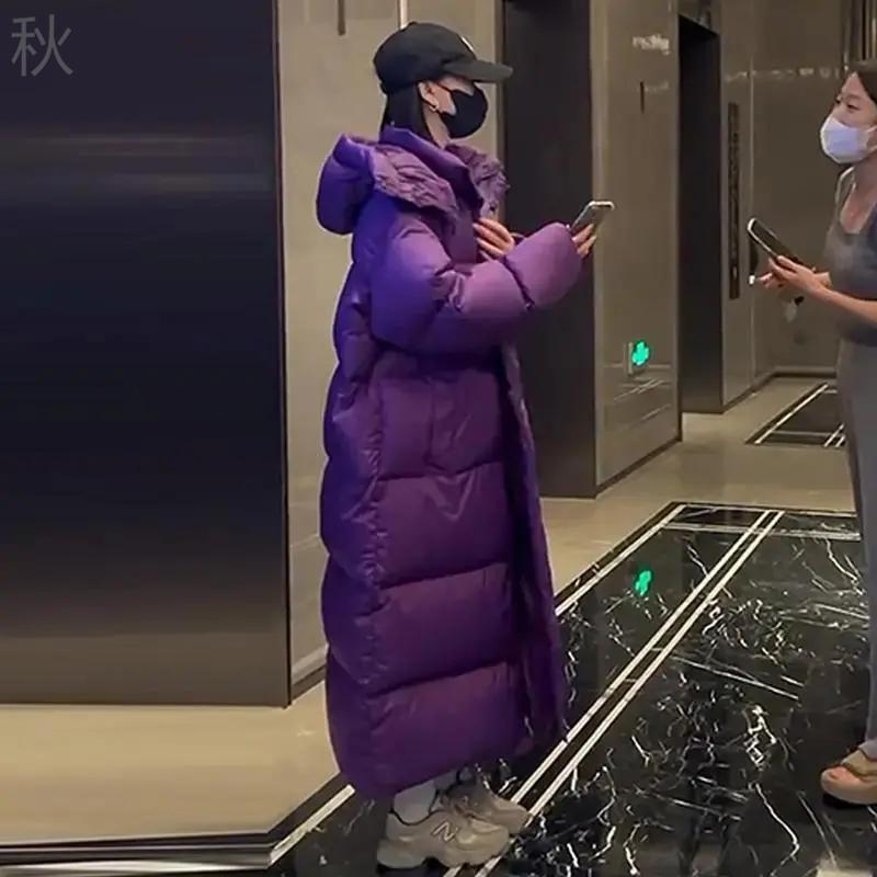 冬装精选紫色加厚被子长款棉服女款冬季新款宽松保暖连帽棉服外套