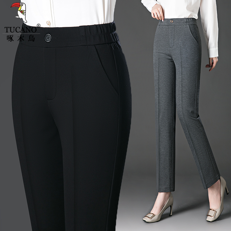 TUCANO/啄木鳥秋季直筒西裤女士直筒松紧腰大码休闲中老年妈妈裤