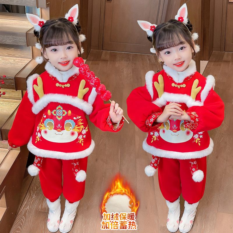 巴拉拉吧女童冬季年服套装2023新款汉服中国风儿童加绒加厚女宝宝